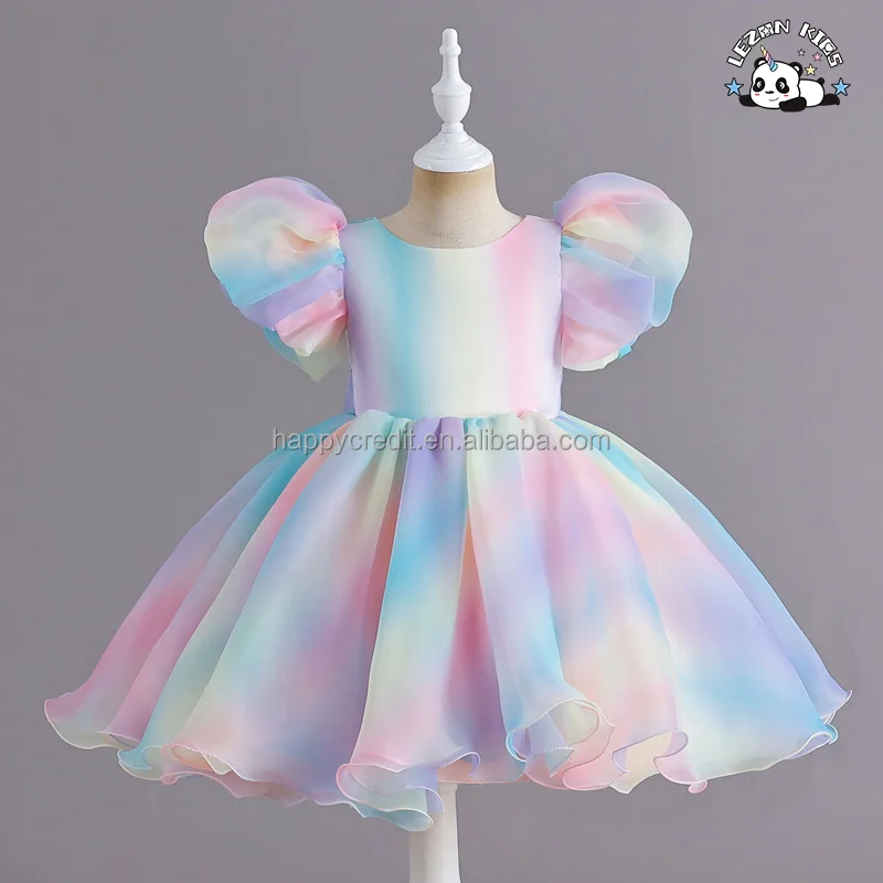 LEZONKIDS - Vestido Chique de Manga Bufante com Cores Arco-íris nas Costas para Meninas com Faixa de Laço na Cintura